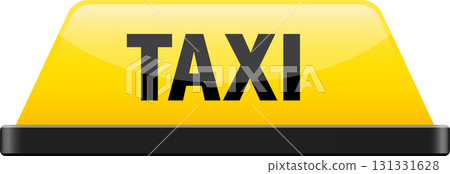 Illuminated yellow taxi rooftop sign in black letters against a dark background. Transportation. 131331628