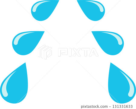 Six blue water drops arranged in a triangular pattern against a solid black background. Six blue water drops arranged in a triangular pattern against a solid black background. 131331633