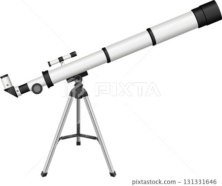 Illustration of a white telescope on a tripod with black accents, set against a black background. Illustration of a white telescope on a tripod with black accents, set against a black background. 131331646