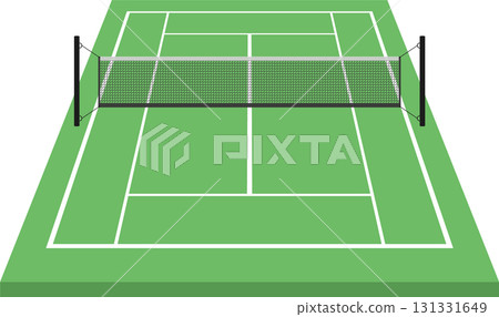 A green tennis court with white lines and a net ready for a match, waiting for players. 131331649