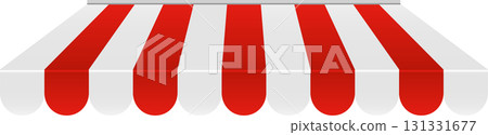 Red and white striped awning, creating a shaded outdoor space for a storefront or market stall. 131331677