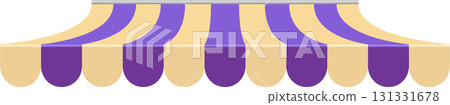 A striped awning, alternating bands of tan and purple, adds visual interest and provides cover. 131331678