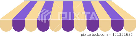 Stripped awning with vertical segments in tan and purple extending downwards to cover an area. 131331685