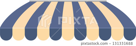 Striped awning in alternating blue and tan shades, providing shade from the sun or rain. Striped awning in alternating blue and tan shades, providing shade from the sun or rain. 131331688