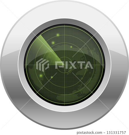 Green radar screen with glowing sweep arm on world map background in round chrome housing. Green radar screen with glowing sweep arm on world map background in round chrome housing. 131331757