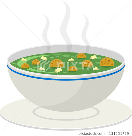 Hot bowl of green soup with dumplings and cheese cubes sitting on white plate with steam rising Hot bowl of green soup with dumplings and cheese cubes sitting on white plate with steam rising 131331759