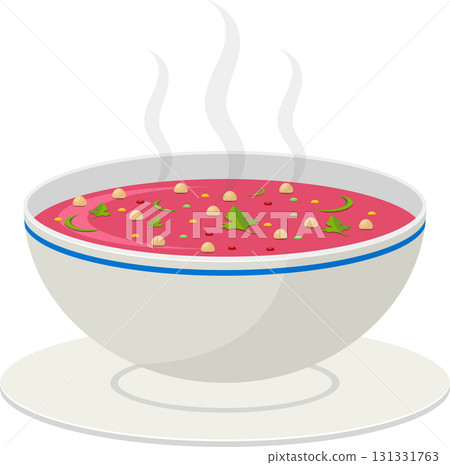 Steaming bowl of vibrant pink soup with savory toppings, garnished with fresh herbs and spices. 131331763