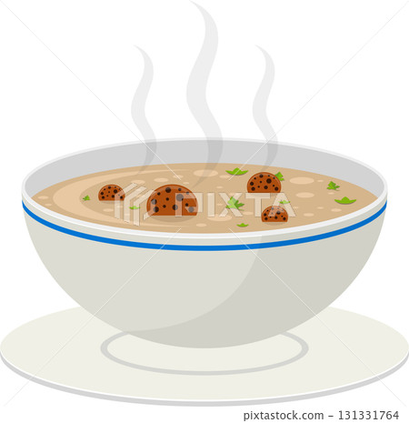 Illustration of a steaming bowl of soup with meatballs and garnish on a white saucer. Illustration of a steaming bowl of soup with meatballs and garnish on a white saucer. 131331764