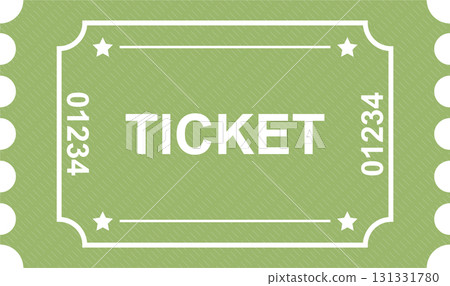 Green ticket with white borders, stars, text 'TICKET', and number '01234'.  Admit one passage. 131331780
