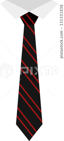 Striking red stripes punctuate a stark black tie beneath a crisp, white collar. Style meets formal. Striking red stripes punctuate a stark black tie beneath a crisp, white collar. Style meets formal. 131331838