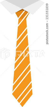 A vibrant orange tie with white diagonal stripes complements a crisp white shirt collar. A vibrant orange tie with white diagonal stripes complements a crisp white shirt collar. 131331839