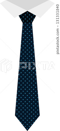 Illustration of a white collared shirt with a dark blue necktie decorated with light blue polka dots. 131331840