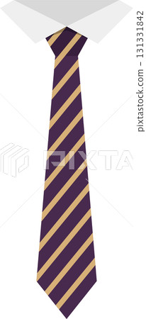 A purple tie with gold stripes is paired with a formal white collared shirt for a clean look. 131331842