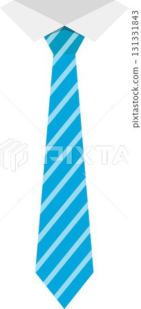 A flat vector graphic of a light blue striped tie underneath a white collared shirt. 131331843