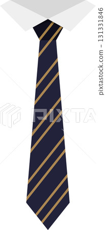 Necktie featuring a blue base with gold-colored stripes, paired with a formal white collar. 131331846