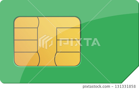 Green SIM card with gold chip. Mobile connectivity and network access in a compact design. 131331858