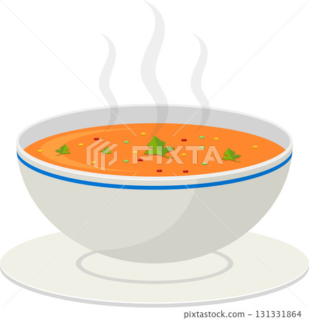 Steaming bowl of soup with garnishes and vibrant color, promising warmth and savory flavors. 131331864