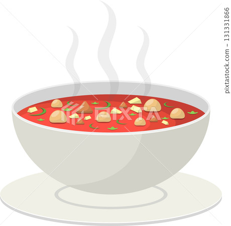 Steaming bowl of delicious soup filled with vegetables, broth, and hearty ingredients. Comfort food. 131331866