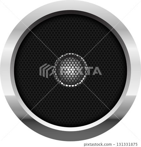 Circular speaker with a metallic border and dark mesh center. Modern design for audio equipment. 131331875