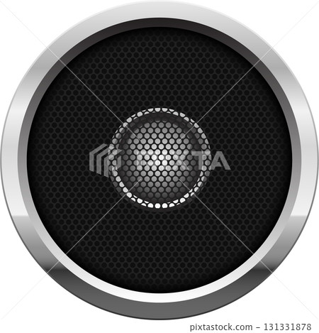 A modern audio speaker with a polished silver surround, a black grill, and a silver center. A modern audio speaker with a polished silver surround, a black grill, and a silver center. 131331878