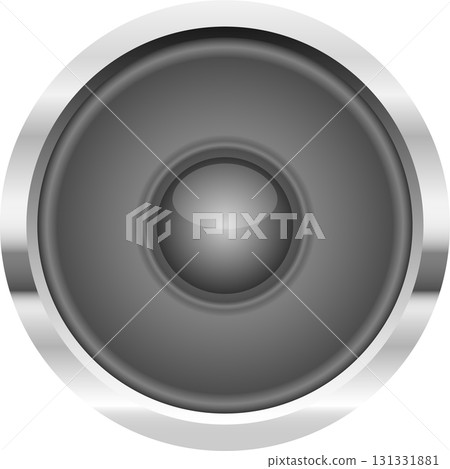 A glossy gray audio speaker with a metallic silver rim, centered against a plain black backdrop. 131331881