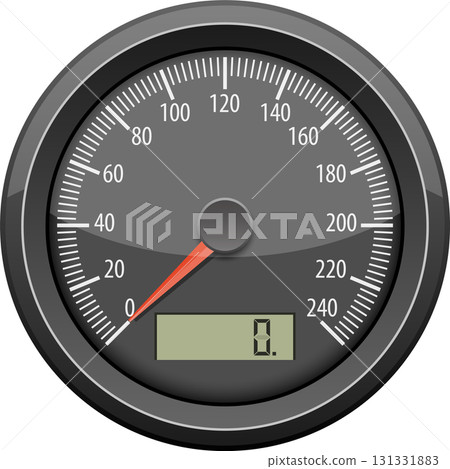 Black speedometer reading zero. The needle is red and the numbers are white. Round and shiny. 131331883