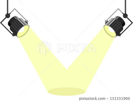 Two spotlights shine down with yellow beams, illuminating a stage or performance area. Two spotlights shine down with yellow beams, illuminating a stage or performance area. 131331900
