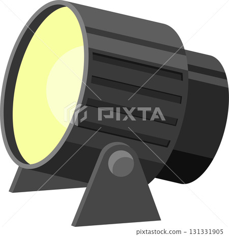 A black spotlight with a bright yellow light shines forward on a black background. 90 char A black spotlight with a bright yellow light shines forward on a black background. 90 char 131331905