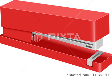 A vibrant red stapler, perfect for office or school use. A necessary item for paperwork. 131331914