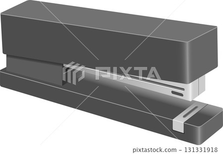 A gray office stapler with a silver lever, used for fastening papers together, against a black background. A gray office stapler with a silver lever, used for fastening papers together, against a black background. 131331918