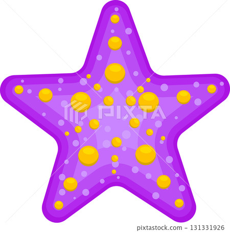 Cartoon depiction of a purple and yellow starfish with radial symmetry against a black backdrop. 131331926