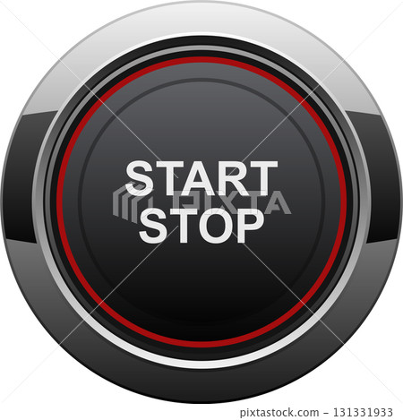 A round Start/Stop button with a silver and grey border and a red accent line for immediate use. A round Start/Stop button with a silver and grey border and a red accent line for immediate use. 131331933