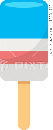 A colorful ice cream bar with blue, white, and pink layers sits on a wooden stick. 131331943