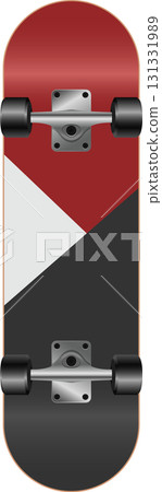 A minimalist skateboard with geometric color-blocking in red, white, and black stands upright. A minimalist skateboard with geometric color-blocking in red, white, and black stands upright. 131331989