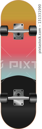 A skateboard with a sunset design and black wheels sits vertically in a studio setting. A skateboard with a sunset design and black wheels sits vertically in a studio setting. 131331990