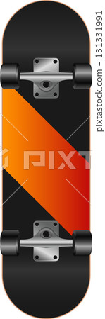 A skateboard with a black and orange diagonally split design, metal trucks, and black wheels. A skateboard with a black and orange diagonally split design, metal trucks, and black wheels. 131331991