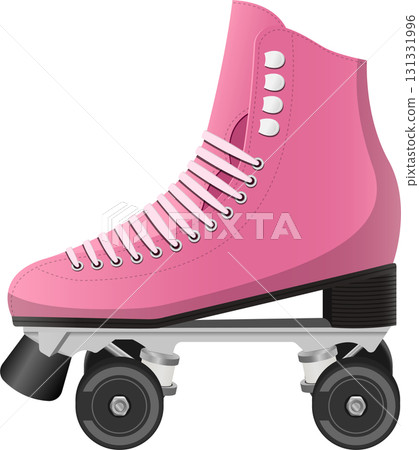 A bright pink roller skate with white laces and black wheels, designed for retro fun and fitness. 131331996