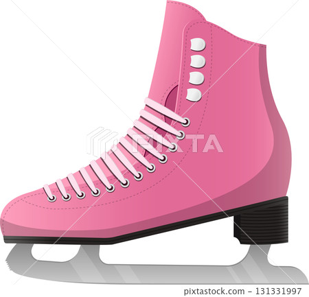 A pink ice skate with white laces is depicted, ready for winter fun on the ice rink. 131331997