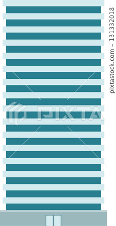 Modern office building facade with alternating dark and light teal horizontal stripes and gray base. 131332018