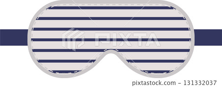 Striped eye mask for comfortable sleep, features gray fabric with navy blue stripes and elastic band. 131332037