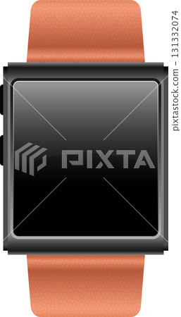 Digital watch with metallic frame and a textured orange strap, against a solid black backdrop. 131332074