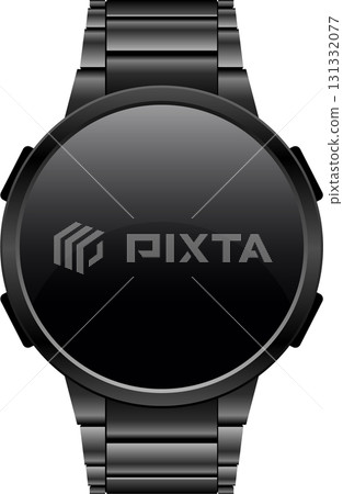 Sleek black wristwatch with a round face and metal band, presented against a black background. Sleek black wristwatch with a round face and metal band, presented against a black background. 131332077