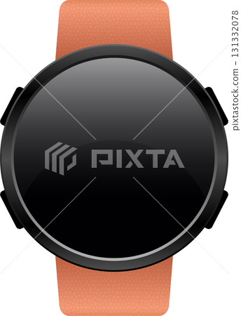 A round smart watch with a blank screen and an orange textured band against a black background. 131332078
