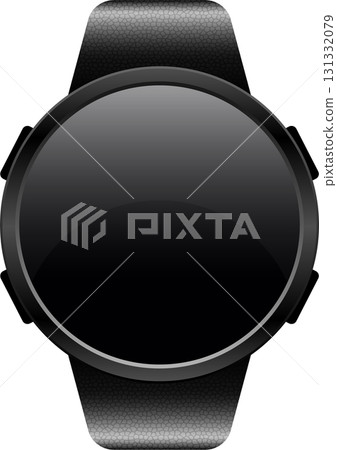 Sleek black smartwatch with a textured strap and a minimalist, round design on a black background 131332079