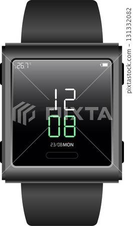 Digital watch with a sleek design, displaying the time, date, temperature, and battery life. 131332082