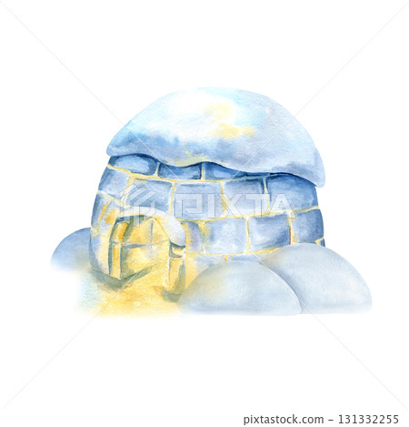 Igloo with light inside, snow on top, snowdrift. Watercolor glowing icehouse ice blocks. North traditional winter house of Inuit. Isolated clip art Christmas landscape design, children's book, card 131332255