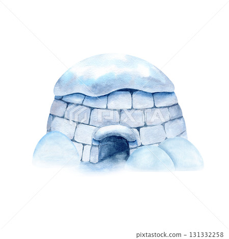 Igloo with snow on top, snowdrift. Watercolor icehouse ice blocks. North traditional winter house of Inuit. Clip art isolated from background for landscape design, children's educational book 131332258