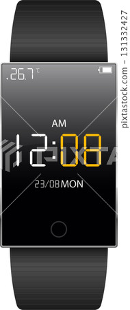 Digital wristwatch displaying temperature, time (12:08 AM), date (23/08), day (Monday), and battery status. 131332427