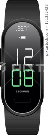 A sleek digital watch displays the time as 12:08 AM, the date, and the temperature on screen. 131332428