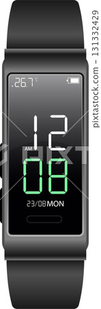 Digital wristwatch showing the time, date, temperature, and battery level on a black screen. 131332429